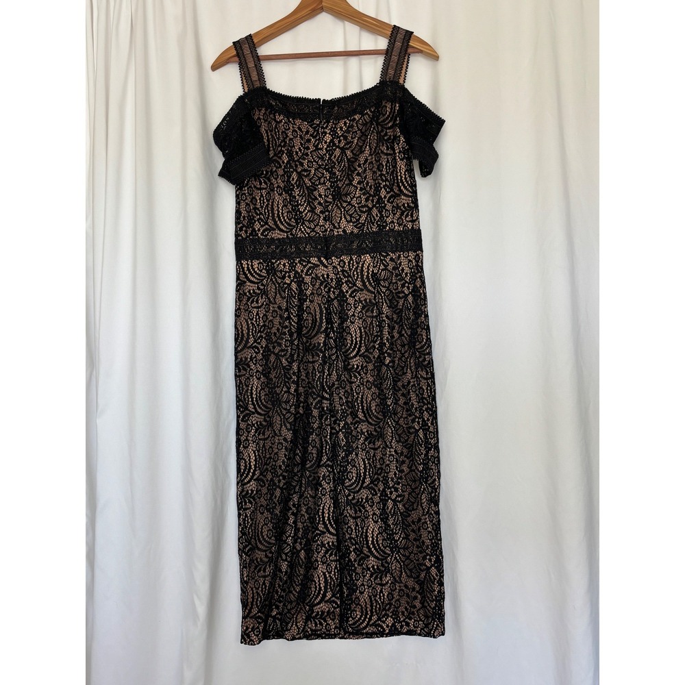 Rachel Rachel Roy Black Lace Cold Shoulder Midi Sheath Dress Tan Lining Size 10 - Picture 7 of 12